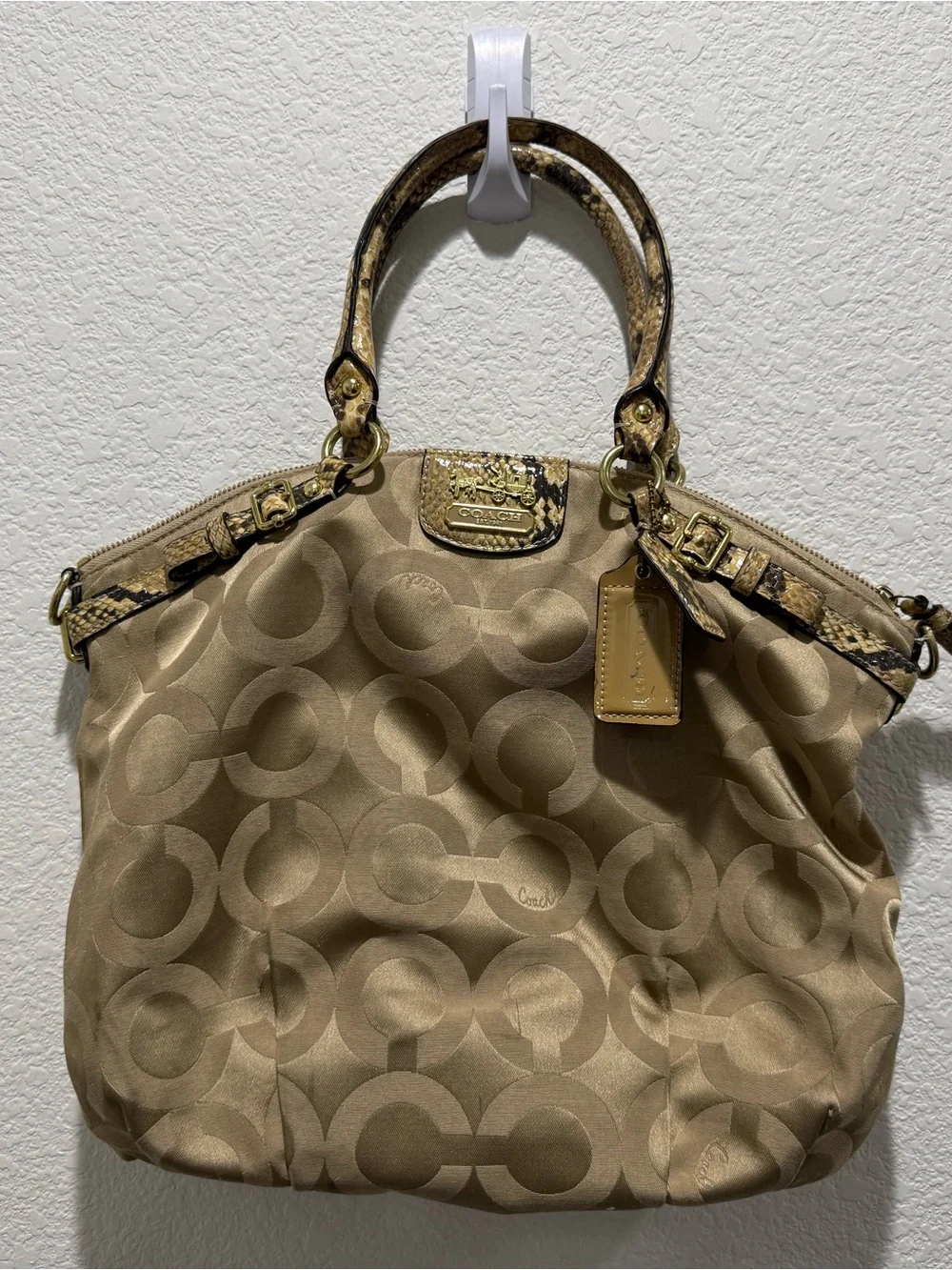 Coach Tan Signature Jacquard Tote with Snake-Accent Handles
